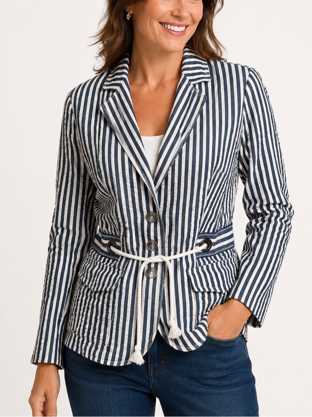 Coldwater Creek Seersucker Blazer 12 Blue White Striped Nautical Rope Tie